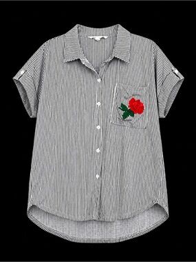 Women’s Black & White Striped Button-Down Shirt with Red Rose Pocket Patch